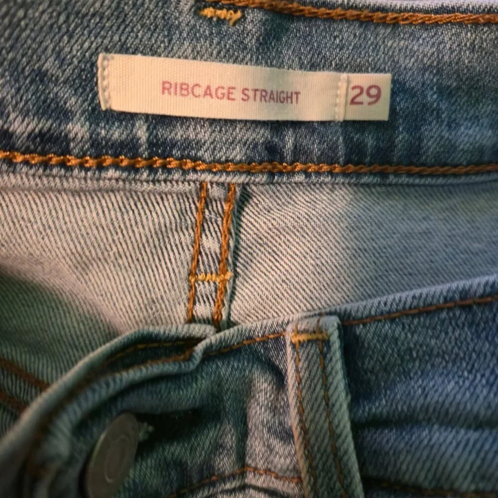 Levi's ribcage Straight jeans womens 29 light-wash blue raw-hem button-fly - Picture 3 of 12